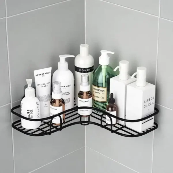 Self-Adhesive Metal Corner Shelf Rack – Bathroom & Kitchen Organizer (With 2 Hooks Included)
